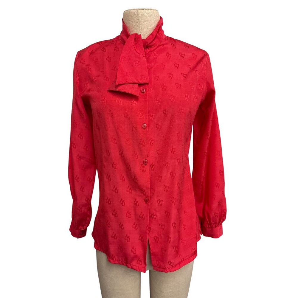 Vintage Red Jacquard Blouse With Tie Neck Detail and Button Cuffs Fundraiser Sup
